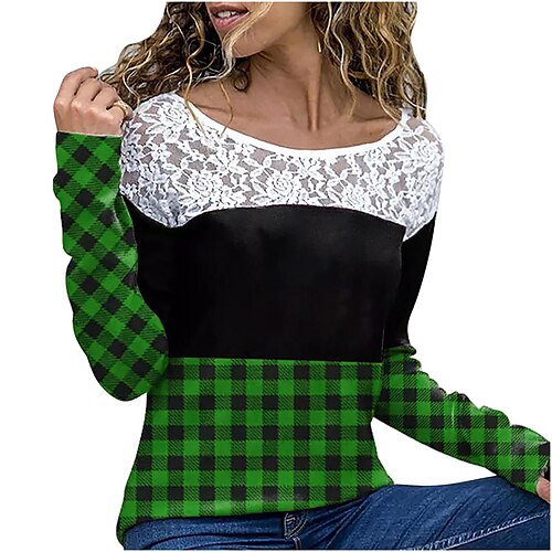 

European And American Women's Clothing Spring And Summer New Women's Clothing Printed Stitching Lace Long-Sleeved Tops Round Neck Stitching Casual T-Shirt Women