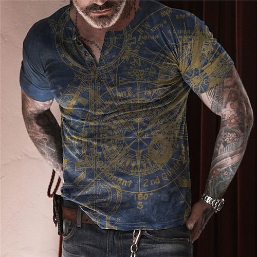 

Men's T shirt Tee Henley Shirt Tee Graphic Henley Navy Blue 3D Print Plus Size Outdoor Daily Short Sleeve Button-Down Print Clothing Apparel Basic Designer Casual Classic / Summer / Summer / Sports