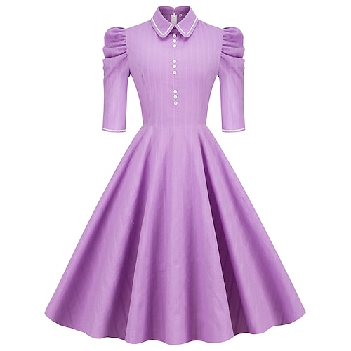 

Women's Party Dress Swing Dress Purple 3/4 Length Sleeve Pure Color Ruched Winter Fall Autumn Shirt Collar Party Wedding Guest 2022 S M L XL 2XL