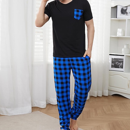 

Men's Loungewear Pajama Set Pajama Top and Pant 1 PCS Pure Color Fashion Comfort Soft Home Bed Polyester Breathable V Wire Basic Fall Spring Black blue