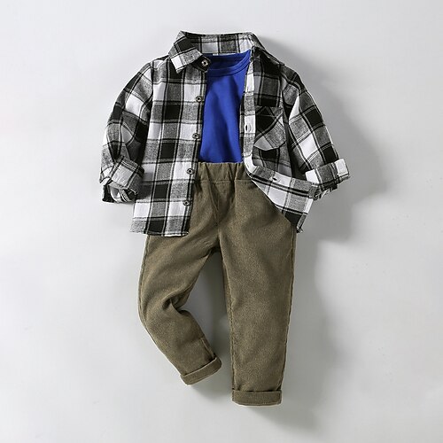 

3 Pieces Kids Boys Shirt & Pants Clothing Set Outfit Plaid Long Sleeve Cotton Set Daily Fall Spring 2-6 Years Multi color