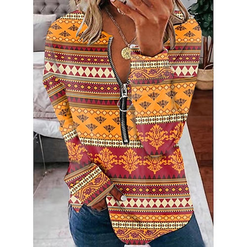 

Women's Sweatshirt Pullover Active Ethnic Quarter Zip Print Orange Geometric Daily V Neck Long Sleeve S M L XL XXL 3XL