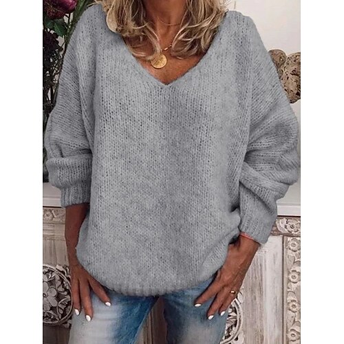 

Women's Pullover Sweater Jumper Ribbed Knit Knitted Pure Color V Neck Stylish Casual Outdoor Daily Fall Winter White Gray S M L / Long Sleeve