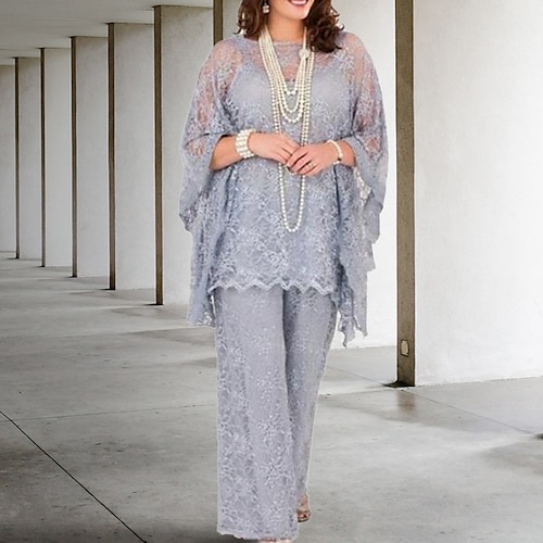 

Pantsuit Mother of the Bride Dress Plus Size Jewel Neck Floor Length Chiffon Long Sleeve with Lace 2022