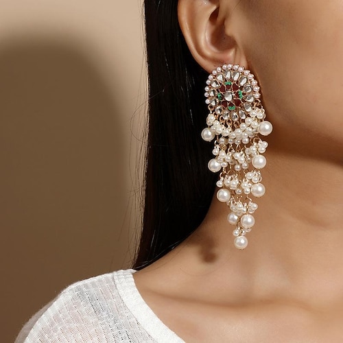 

fashion retro indian exotic ethnic style exaggerated earrings european and american palace style diamond pearl tassel earrings