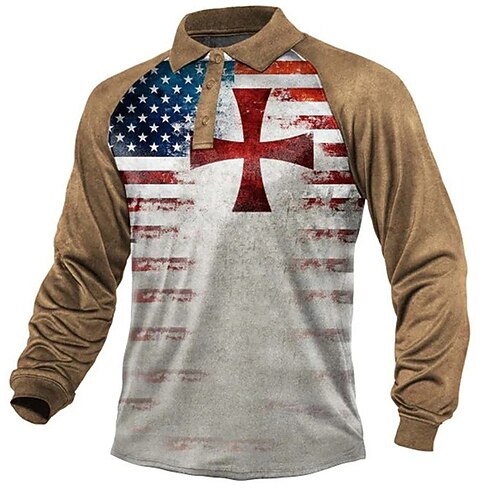 

Men's Collar Polo Shirt Golf Shirt Cross National Flag Turndown Khaki 3D Print Outdoor Street Long Sleeve Button-Down Print Clothing Apparel Fashion Designer Casual Breathable
