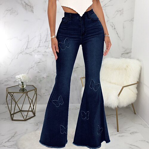 

Women's Bootcut Pants Trousers Trousers Bell Bottom Denim Light Blue Green Dark Blue High Waist Fashion Boho Casual Office Daily Tassel Fringe Full Length Butterfly S M L XL XXL / Slim