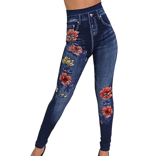 

Women's Tights Leggings Jeggings Print Flower / Floral Tummy Control Butt Lift Ankle-Length Casual Weekend Faux Denim Fashion Skinny Black Blue High Waist High Elasticity