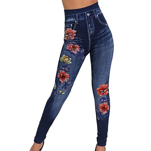 

Femme Collants Legging Jegging Imprimer Fleur Contrôle du Ventre Lifting des fesses Cheville Casual Fin de semaine Faux denim Mode Slim Noir Bleu Taille haute Haute élasticité