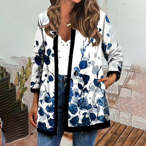 

Women's Casual Jacket Warm Comfortable Outdoor Street Daily Wear Casual Daily Pocket Print Cardigan Collarless Active Fashion Casual Street Style Flower Regular Fit Outerwear Long Sleeve Winter Fall