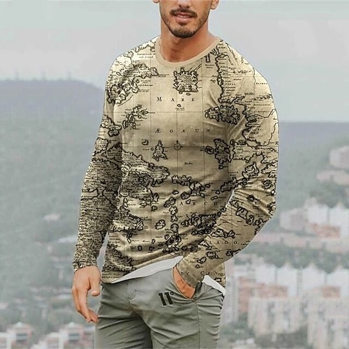 

Men's Unisex T shirt Tee Map Graphic Prints Crew Neck Khaki 3D Print Outdoor Street Long Sleeve Print Clothing Apparel Basic Sports Designer Casual