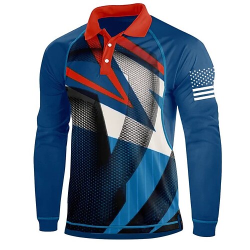 

Men's Collar Polo Shirt Golf Shirt Geometry Turndown Blue 3D Print Outdoor Street Long Sleeve Button-Down Print Clothing Apparel Fashion Designer Casual Breathable