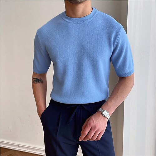 

Men's T shirt Tee Solid Color Crew Neck Light Blue Street Holiday Half Sleeve Clothing Apparel Fashion Casual Comfortable / Beach