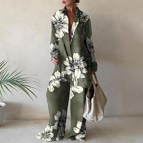 

Women's Pajamas Sets Pjs 2 Pieces Patchwork Comfort Home Daily Satin Lapel Long Sleeve Button Winter Fall Green Light Green / Silk