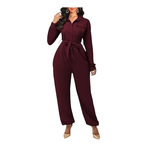 

Women's Jumpsuit Solid Color Shirt Collar Skims Work Daily Regular Fit Long Sleeve Blue Purple Wine S M L All Seasons