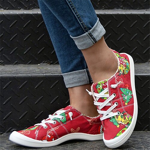 

Women's Sneakers Christmas Daily Plus Size Winter Lace-up Flat Heel Round Toe Casual Cotton Lace-up Color Block Red