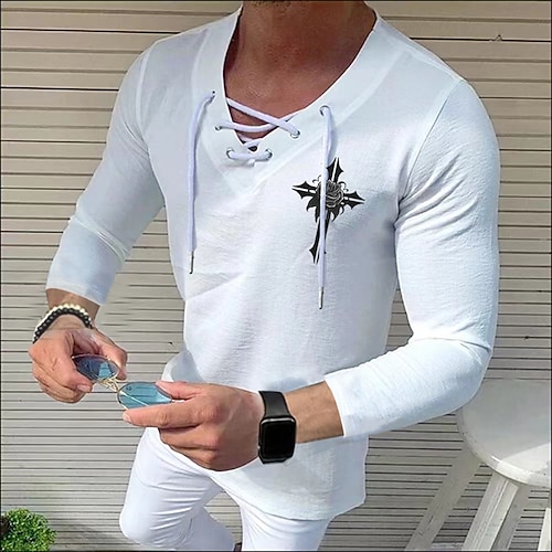 

Men's Shirt Solid Color Cross V Neck White Black Blue Gray Pink 3/4-Length Sleeve Outdoor Street Drawstring Print Tops Fashion Designer Casual Breathable / Summer / Spring / Summer
