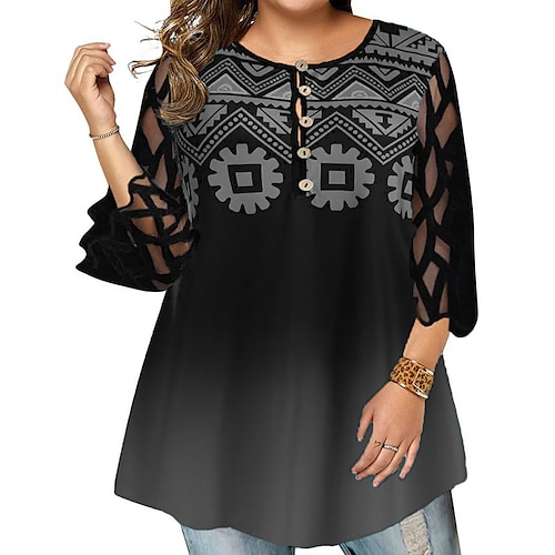 

Women's Plus Size Tops T shirt Tee Floral Print 3/4 Length Sleeve V Neck Casual Daily Going out Cotton Fall Winter White Black