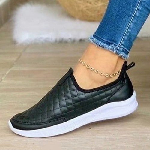 

Women's Slip-Ons Outdoor Daily Comfort Shoes Flat Heel Round Toe Sporty Casual PU Leather Loafer Plaid Black Gold Brown