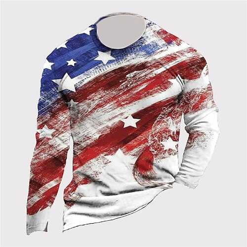 

Men's Unisex T shirt Tee Star Graphic Prints National Flag Crew Neck Red Long Sleeve 3D Print Outdoor Street Print Tops Basic Sports Designer Casual