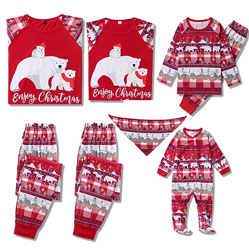 

Family Christmas Pajamas Ugly Cotton Plaid Bear Home Red Long Sleeve Mom Dad and Me Daily Matching Outfits