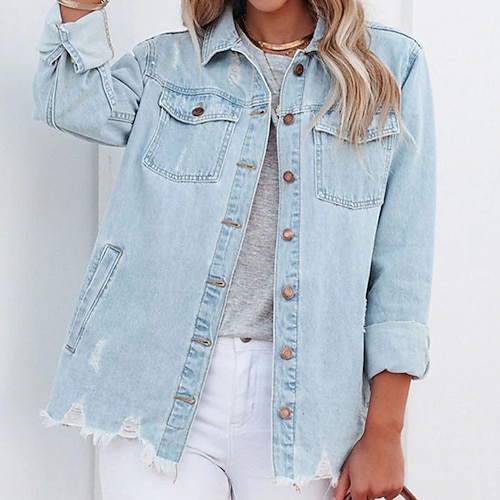 

Women's Denim Jacket Warm Breathable Outdoor Daily Wear Vacation Going out Pocket Single Breasted Turndown Active Comfortable Street Style Solid Color Regular Fit Outerwear Long Sleeve Winter Fall