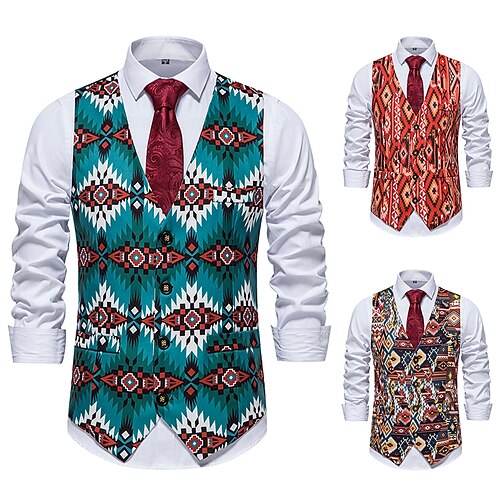 

Men's Vest Daily Wear Fall Winter Regular Coat Regular Fit Casual Daily Jacket Sleeveless Geometric Print Green Red Brown