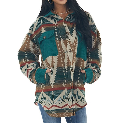 

Women's Casual Jacket Windproof Warm Outdoor Street Daily Vacation Pocket Print Single Breasted Lapel Vintage Street Style Geometric Regular Fit Outerwear Long Sleeve Winter Fall Green Brown S M L XL