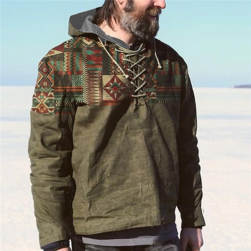 

Men's Unisex Pullover Hoodie Sweatshirt Pullover Army Green Hooded Color Block Graphic Prints Lace up Print Casual Daily Sports 3D Print Boho Streetwear Designer Spring & Fall Clothing Apparel