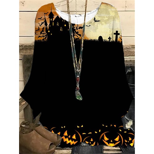 

Women's Plus Size Tops T shirt Tee Pumpkin Print Long Sleeve Crewneck Casual Halloween Halloween Going out Polyester Fall Winter Blue Yellow / 3D Print