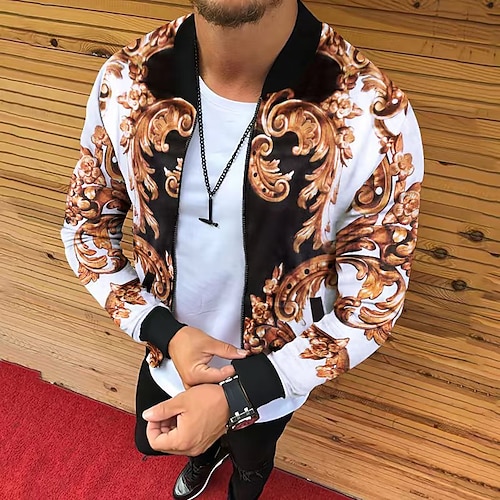 

Men Casual Jacket Party Evening Casual Spring Fall Regular Coat Regular Fit Warm Stylish Casual Daily Trendy Jacket Long Sleeve 3D Print Animal Patterned Jigsaw Slim Fit Print White Pattern Black