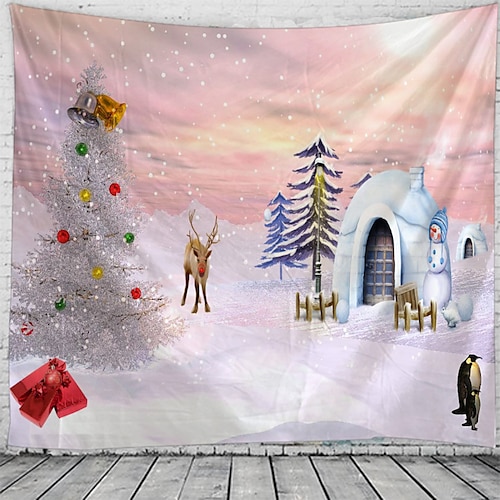 

Christmas Wall Tapestry Snowy Landscape Snowman Tree Art Decor Blanket Curtain Hanging Home Bedroom Living Room Decoration Polyester