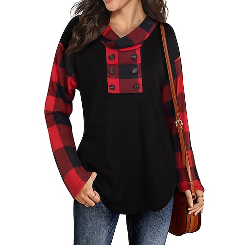 

Women's Long Sleeve Printed Plaid Hoodie T-Shirt