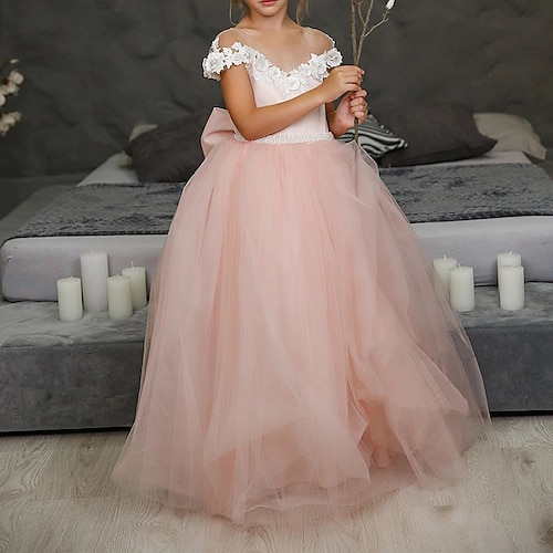 

Party Event / Party Princess Flower Girl Dresses Illusion Neck Floor Length Tulle Winter Fall with Faux Pearl Bow(s) Tutu Cute Girls' Party Dress Fit 3-16 Years