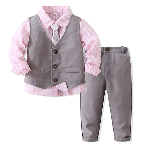 

3 Pieces Toddler Boys Shirt & Pants Clothing Set Outfit Stripe Long Sleeve Set Gentle Fall Spring 1-5 Years Pink