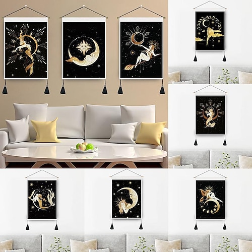 

new moon and girl hanging painting tapestry starry sky background wall living room bedroom hanging painting can be customized