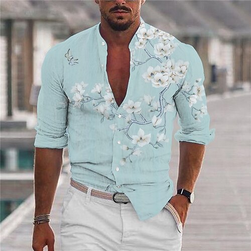 

Men's Shirt Graphic Shirt Floral Stand Collar Blue 3D Print Outdoor Street Long Sleeve Button-Down Print Clothing Apparel Fashion Designer Casual Breathable