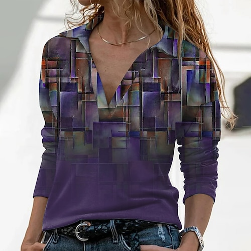 

Women's T shirt Tee Green Blue Purple Geometric Print Long Sleeve Casual Weekend Basic Shirt Collar Regular Geometric Painting S / 3D Print