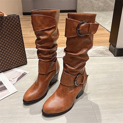 

Women's Boots Outdoor Daily Slouchy Boots Plus Size Mid Calf Boots Winter Buckle Chunky Heel Round Toe Elegant Minimalism PU Leather Solid Colored Light Brown Dark Brown Black