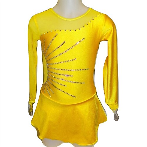 

Figure Skating Dress Women's Girls' Ice Skating Dress Yellow Thumbhole Spandex High Elasticity Training Competition Skating Wear Handmade Crystal / Rhinestone Long Sleeve Ice Skating Figure Skating