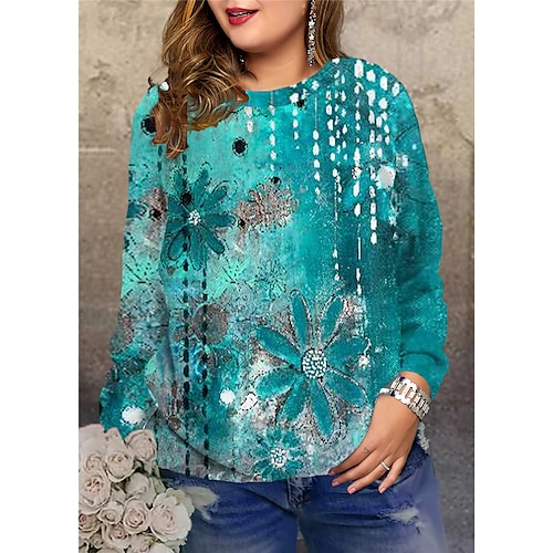 

Women's Plus Size Tops Pullover Sweatshirt Hoodie Sweatshirt Floral Print Long Sleeve Round Neck Streetwear Daily Vacation Polyester Fall Winter Blue