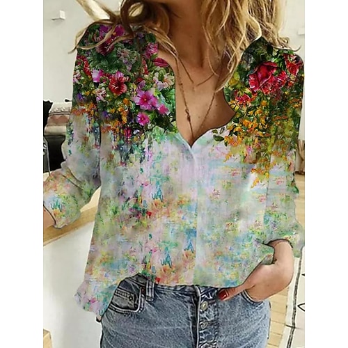 

Women's Blouse Shirt Green Black Floral Button Print Long Sleeve Daily Weekend Streetwear Casual Shirt Collar Regular Floral S / 3D Print