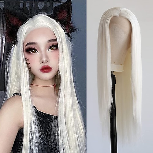 

Platinum Blonde Wig #60 Color Straight Long Synthetic Lace Front Wigs for Women Heat Resistant Fiber Hair Middle Part Daily Cosplay Wigs