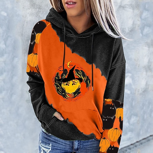 

Women's Pullover Hoodie Sweatshirt Pullover Color Block Pumpkin Pocket Print Halloween Weekend 3D Print Active Streetwear Clothing Apparel Hoodies Sweatshirts White Black