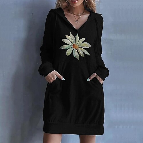

Women's Hoodie Dress Sweatshirt Dress Short Mini Dress Gray White Black Long Sleeve Floral Pocket Print Fall Winter Hooded Stylish Modern 2022 S M L XL XXL