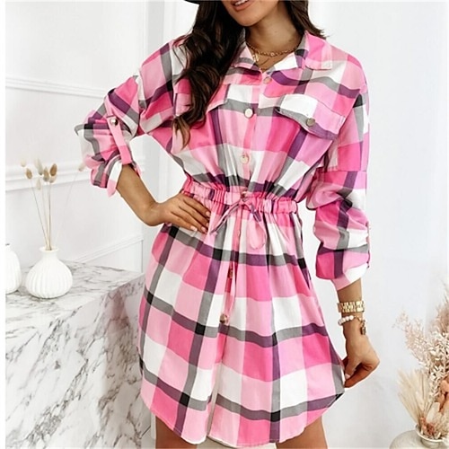 

Women's Shirt Dress A Line Dress Knee Length Dress Blue Fuchsia Khaki 3/4 Length Sleeve Plaid Pocket Fall Winter Shirt Collar Fashion Casual 2022 S M L XL 2XL / Cotton