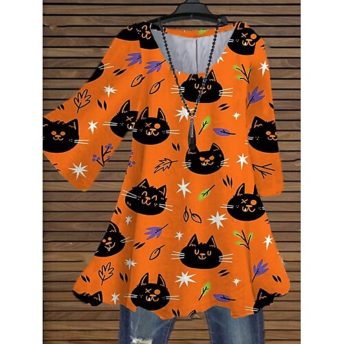 

Women's Plus Size Tops Blouse Shirt Cat Pumpkin Print 3/4 Length Sleeve Crewneck Casual Halloween Halloween Daily Cotton Spandex Jersey Fall Winter Yellow Orange
