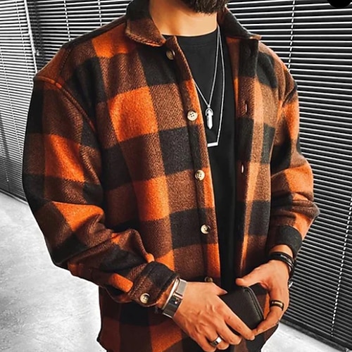 

Men's Flannel Shirt Shirt Jacket Shacket Shirt Plaid / Check Turndown Orange Street Daily Long Sleeve Button-Down Clothing Apparel Basic Fashion Casual Comfortable