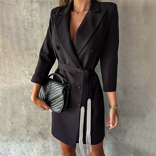 

Women's Blazer Dress Formal Dress Black Khaki Long Sleeve Pure Color Lace up Winter Fall Autumn Shirt Collar Modern Winter Dress Fall Dress Loose Fit 2022 S M L XL