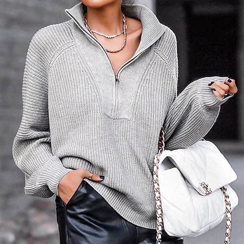 

Women's Pullover Sweater jumper Jumper Ribbed Knit Zipper Knitted Pure Color Shirt Collar Stylish Casual Home Daily Winter Fall Khaki Gray S M L / Long Sleeve / Holiday / Regular Fit / Going out